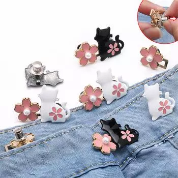 2 пары джинсовых пуговиц с цветочными котами, пряжки на талии, съемные брюки, утягивающие талию, регулируемые булавки для брюк белый