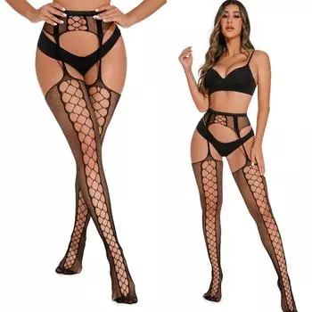 2 пары европейских и американских популярных кружевных прозрачных чулок с открытой промежностью, черные шелковые сексуальные чулки с сетчатым принтом, нескользящие подвязки для женщин