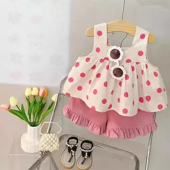 2 пары/компл. летний милый комплект без рукавов для девочек, новинка 2024 года, детская одежда, модная детская корейская версия, топ с бантом в горошек, костюм с шортами, От 6 месяцев до 5 лет 80 розовый