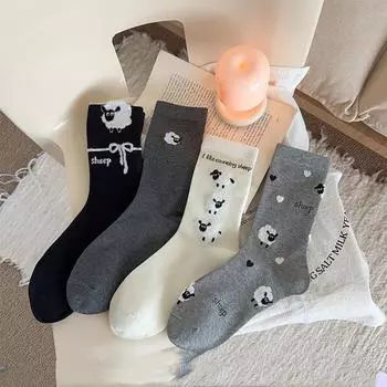 2 пары корейских носков, женские милые мультяшные овечки, кавайные носки-трубы для девочек в стиле колледжа, милые женские чулки