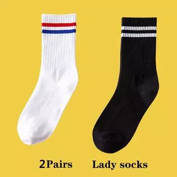 2 пары новых стильных парных носков, хлопковые носки до середины голени, чулки в стиле преппи, две полоски, женские спортивные модные носки One Size