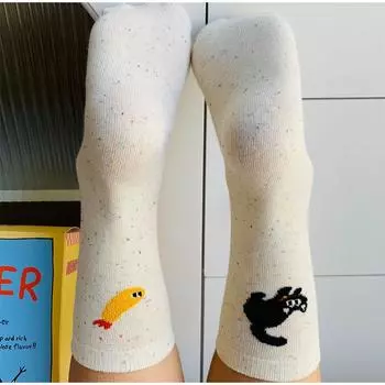 2 пары осенних винтажных женских носков с принтом кота и рыбы, милые мультяшные носки средней длины, мягкие теплые носки для лодочек