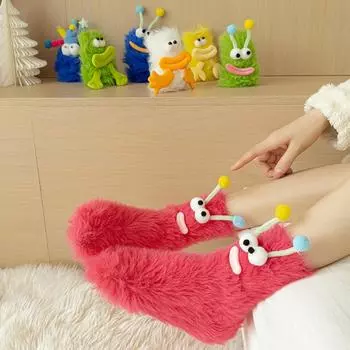 2 пары плюшевых женских носков-получулок с рисунком из кораллового флиса, милые забавные зимние носки-трубы Style A Pink Green