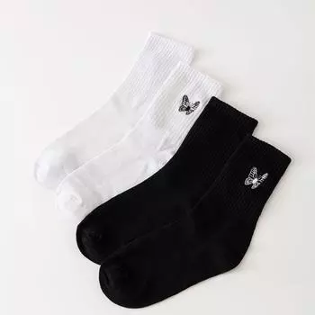 2 пары простых носков-бабочек, женские милые черно-белые носки Y2k, хлопковые носки, забавные корейские стильные модные дизайны с вышивкой One Size
