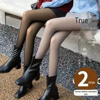 2 пары серых искусственных прозрачных колготок Stewardess - Plus Velvet, прозрачные для кожи, на все времена года 2-pack, 80g, Step on the foot серый/чёрный