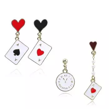 2 пары уникальных серег в форме игральных карт и сердца, удобные асимметричные серьги из сплава для вечеринок и фестивалей