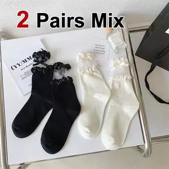 2 пары женских белых носков с бантом и цветочным узором, модные летние носки в стиле Лолиты, впитывающие пот, дышащие, удобные, повседневные носки One Size