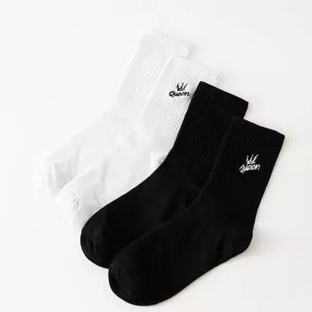 2 пары женских хлопковых носков, белые, черные забавные носки с вышивкой, милые королевские носки Kawaii Y2k, простая мода One Size