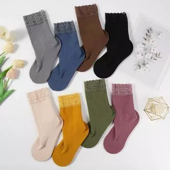 2 пары женских кружевных носков средней длины на зиму, теплые простые удобные повседневные дышащие универсальные морозостойкие носки one size чёрный