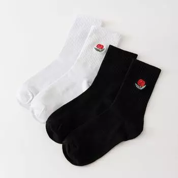 2 пары женских носков с цветами Y2k, милые хлопковые носки, белые, черные спортивные носки с простым дизайном и вышивкой для девочек One Size