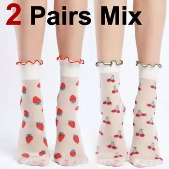 2 пары женских носков с круглым вырезом и салатовым краем, модные летние тонкие мягкие удобные дышащие повседневные носки с фруктовым принтом One Size