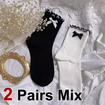 2 пары женских носков средней длины с волнистым краем и бантом, весна-лето, влагоотводящие, дышащие, модные, в стиле JK Лолита, повседневные носки One Size