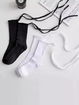 2 пары женских носков средней длины со шнуровкой, модные, универсальные, однотонные черные и белые, с перекрестными ремешками, удобные, дышащие носки One Size