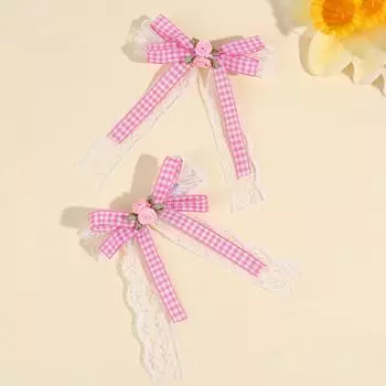2 Pcs Adorable Checkered Flower Bow Hair Accessories for Girls - White Lace Bow Hair Clips with Long Tails,Ideal Gift for Girls