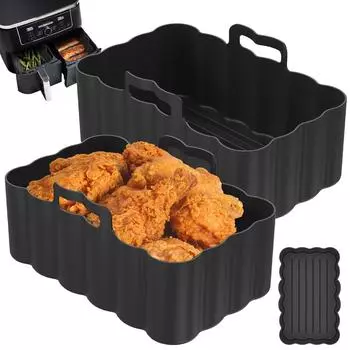 2 PCS Air Fryer Silicone Pot with Handle Reusable Silicone Air Fryer Liner Heat Resist Rectangular Silicone Air Fryer Tray чёрный