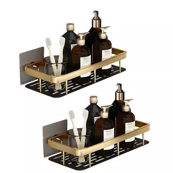 2 Pcs Aluminium Heavy Duty Self Adhesive Bathroom Shelf for Wall, Multipurpose Wall Mounted Bathroom Organiser, Washroom Organizer (Gold)