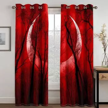 2 Pcs Blood Moon Forest Terror Halloween curtains applicable to living room bedroom balcony window shading decoration 50W130H(CM)X2PCS&Grommet Top