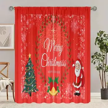 2 pcs-Christmas decorated Christmas tree print curtains - polyester material - suitable for bedroom, living room, study 30inchx65inchx2Pcs