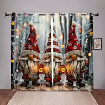 2 Pcs Christmas Elf Home Decor Curtains Red Festive Winter Lantern Print Pattern Living Room Bedroom Christmas Decor Curtains 50W130H(CM)X2PCS&Grommet Top
