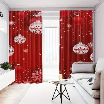 2 Pcs Festive Christmas Ball & Snowflake Red Print Curtains Long Curtains for Privacy Room Bedroom Living Room Glass Door Decor (50Wx50H)x2(CM)&Rod Pocket