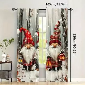2 шт. Праздничные рождественские гномы-карлики шторы - Монтаж на карман для штанги, Цифровая печать, Полиэстеровый материал, Подходят для гостиной 2x50W130H(CM)40x51in&Hook