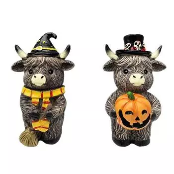 2 Pcs Highland Cow Figurine Autumn Pumpkin Maple Highland Cow Statue Resin Scottish Cattle Sculpture Calf Lovers Gifts C