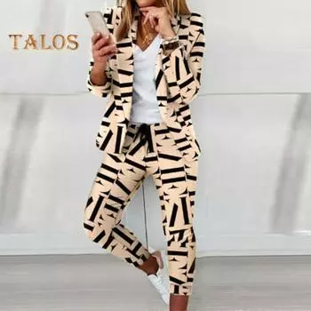 Комплект из 2 предметов: пальто и брюки для леди, отложной воротник, клетчатый принт, длинные рукава, куртка, облегающие брюки, повседневная одежда, наряд для поездок на работу S чёрный