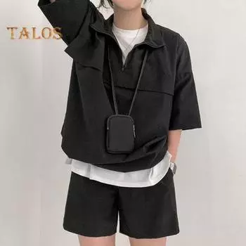 2 шт./компл. Летний спортивный костюм унисекс с лацканами на молнии и половиной рукавов Свободный топ с высокой талией Однотонные шорты Спортивная одежда Студенческая повседневная повседневная пара M серый