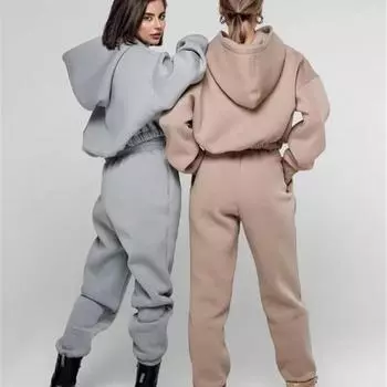 2 Pcs/Set Winter Tracksuit Solid Color Loose Pullover Hooded Thick Keep Warm Elastic Waist Ankle-banded Top Sweatpants Set Women L хаки