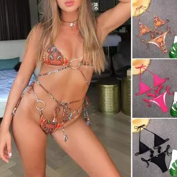 2 шт./компл. женский комплект бикини однотонный сексуальный тонкий цвет трехточечный облегающий быстросохнущий комплект S