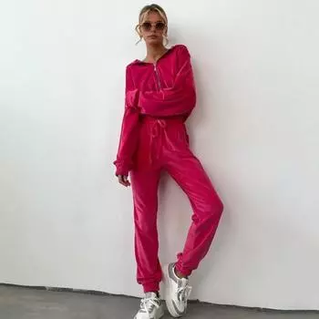 2 шт./комплект женский пальто брюки костюм с капюшоном застежка-молния длинный рукав короткий топ эластичный подол и талия XL зелёный