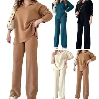 2 шт./комплект женский трикотажный наряд V-образный вырез длинные рукава топ высокая талия широкий S зелёный