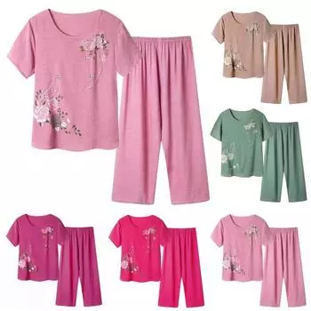 2 Pcs/Set Women Set Homewear Outfit Print Round Solid Color Floral T-shirt Pants Neck Short Sleeve XL