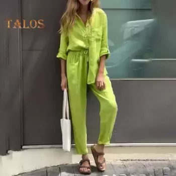 2 шт./компл., женская рубашка и брюки, комплект домашней одежды, однотонный топ с v-образным вырезом и длинными рукавами, широкие брюки с эластичной резинкой на талии, свободные брюки, одежда для поездок на работу, блузка, брюки 2XL жёлтый