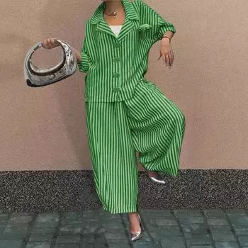 Комплект из 2 предметов: рубашка и брюки, полосатый принт, однобортная блузка с отложным воротником, большими пуговицами, эластичный пояс XL зелёный