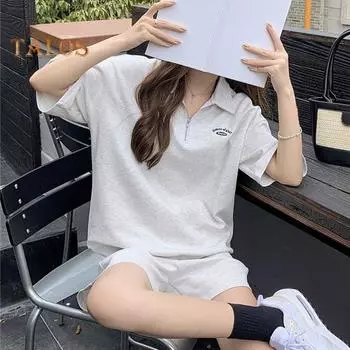 Комплект из 2 предметов: женская летняя толстовка и брюки, короткий рукав, застежка-молния, отложной воротник, эластичный пояс, свободные спортивные штаны, спортивный костюм, панкомбинезон S серый