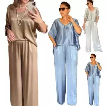 2 шт./компл., женский летний топ и брюки, комплект с v-образным вырезом и короткими рукавами, свободная футболка с высокой эластичной резинкой на талии, широкие брюки, спортивная одежда S золотистый