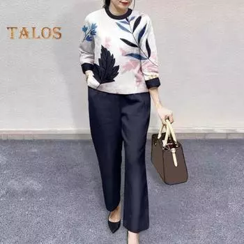 2 шт./компл. Женская футболка и брюки, комплект плюс размер с цветочным принтом, круглый вырез, топ с длинными рукавами, широкие брюки с эластичной резинкой на талии, свободные брюки, повседневная одежда, одежда для поездок на работу L розовый