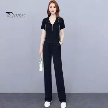 2 шт./компл., комплект женских топов, тонкие толстовки с короткими рукавами и капюшоном, прямые широкие штаны, однотонные брюки с высокой эластичной резинкой на талии, повседневный повседневный спортивный наряд L хаки