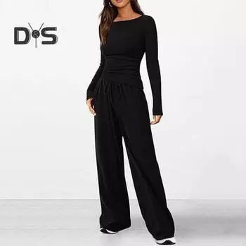 2 шт./комплект женский топ брюки костюм круглый вырез длинный рукав однотонный цвет асимметричная блузка эластичный пояс широкие брюки повседневная одежда спортивный наряд осень M чёрный