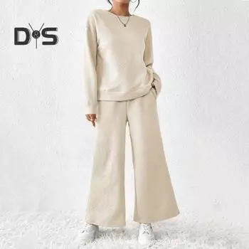 2 шт./комплект женский топ брюки костюм круглый вырез длинный рукав текстурированный однотонный свитшот эластичный пояс широкие брюки повседневная одежда спортивный наряд осень L абрикосовый