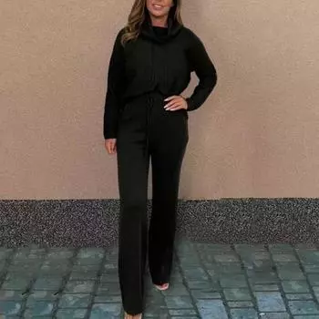 2 Pcs/Set Women Top Pants Suit High Piled Collar Long Sleeves Solid S чёрный