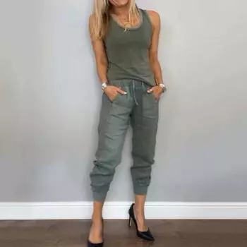 2 шт./комплект женский жилет брюки комплект без рукавов U-образный вырез топ однотонный эластичный пояс ретро девятый XXXL белый