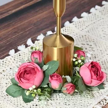 2 Pcs Valentine s Day Artificial Flowers Wreath Candle Rings Wreath Candle Ring Floral Garland Table Centerpiece Decoration for Wedding Home Farmhouse горячий розовый