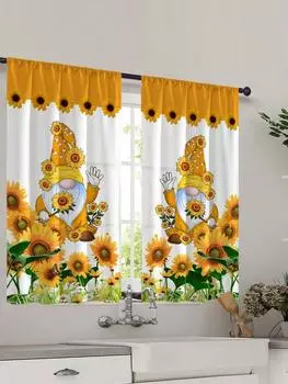 2 pcs Window curtain,Modern Fresh Checkered Sunflower Printed Home Decoration Kitchen bedroom Window Curtains With Rod Pocket 70x90CM