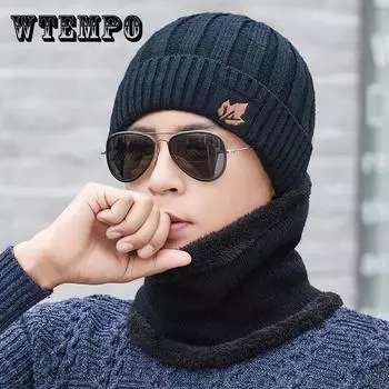 2 шт. Зимние мужские шапки и шарфы с помпонами, кленовый лист, кашемировая теплая шапка, вязаный шерстяной шарф синий