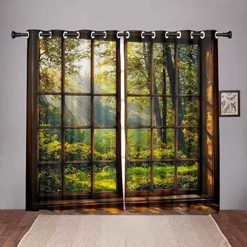 2 Piece 3D Tropical Rainforest Curtains Green Woods Landscape Home View Bedroom Living Room Kitchen Decor Curtains 50W130H(CM)X2PCS&Grommet Top