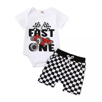 2-Piece Baby Boys Set Race Car Print Short Sleeve Round Neck Romper Plaid Print Contrast Color Shorts Outfits 12-18 Months белый