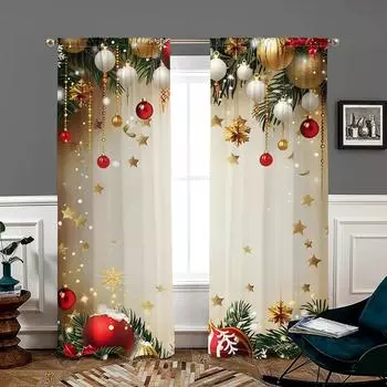2-Piece Festive Christmas Decor Polyester Curtains, HD Digital Print With Golden and Red Balloon & Bow Pattern, Light Filtering 50W160H(CM)x2Panel&Hook