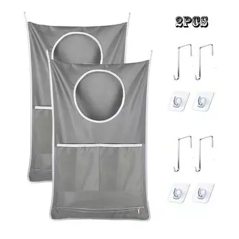 2-Piece Hanging Laundry Basket Bag With Adjustable Stainless Steel Door Hook For Storing Dirty Clothes And Saving Space